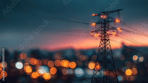Illuminated transmission tower against a bokeh cityscape at dusk