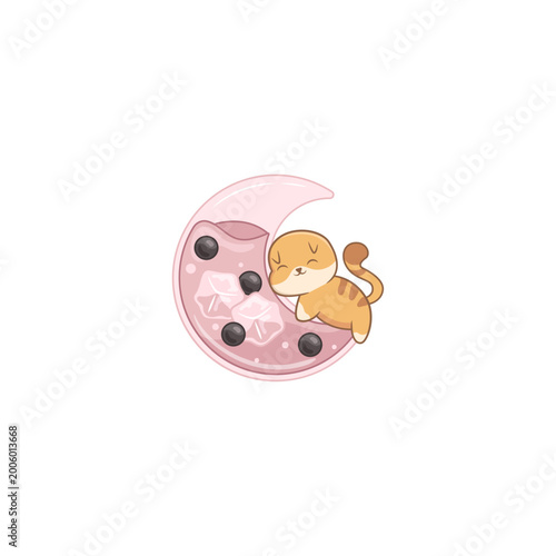 Bubble Drink Inside a Crescent Moon Hugged by a Cute Cat Illustration