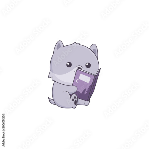 Cute Wolf Character Reading a Book Illustration