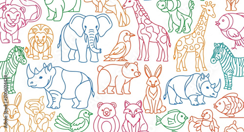 Collection of Hand Drawn Outline Animals for Children.