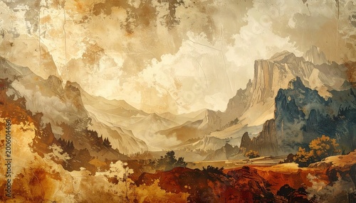 Sepia toned landscape of mountains, sky, and trees