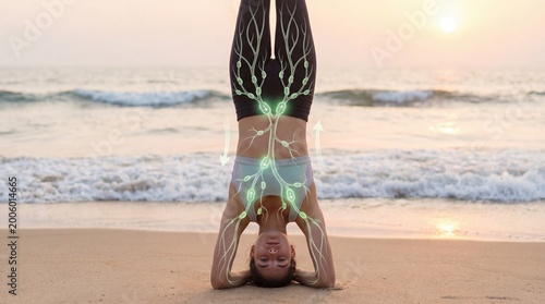 Woman performing headstand yoga pose on the beach at sunrise with peaceful expression
