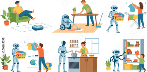 Fotografie Domestic robots helping people with household chores cooking laundry cleaning an