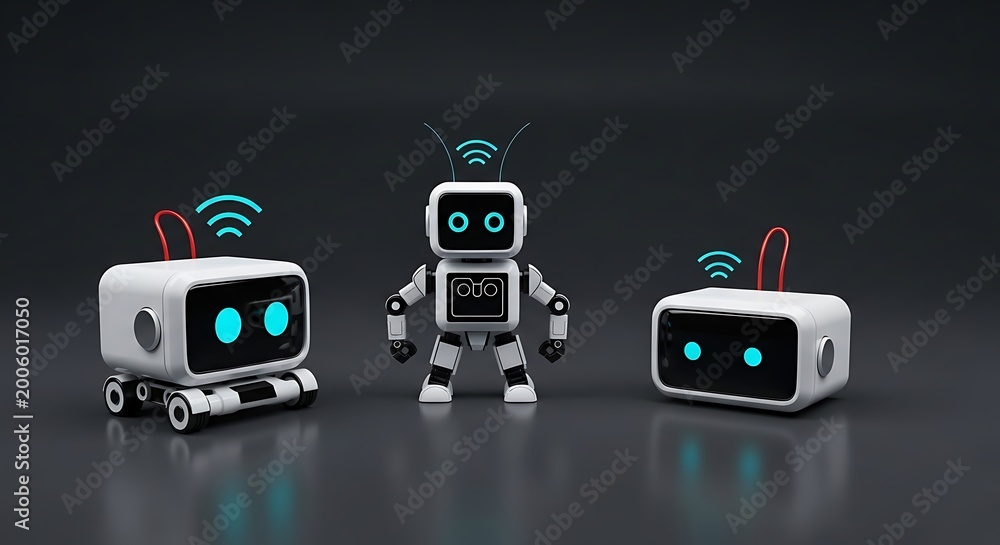 Naklejka premium Three robots with glowing blue eyes.