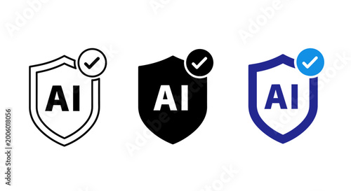Artificial Intelligence security icons set, AI protection shield with checkmark, verified machine learning safety symbols in flat and line styles