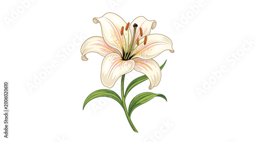 Photos White Lily Flower with Green Stem Botanical Art