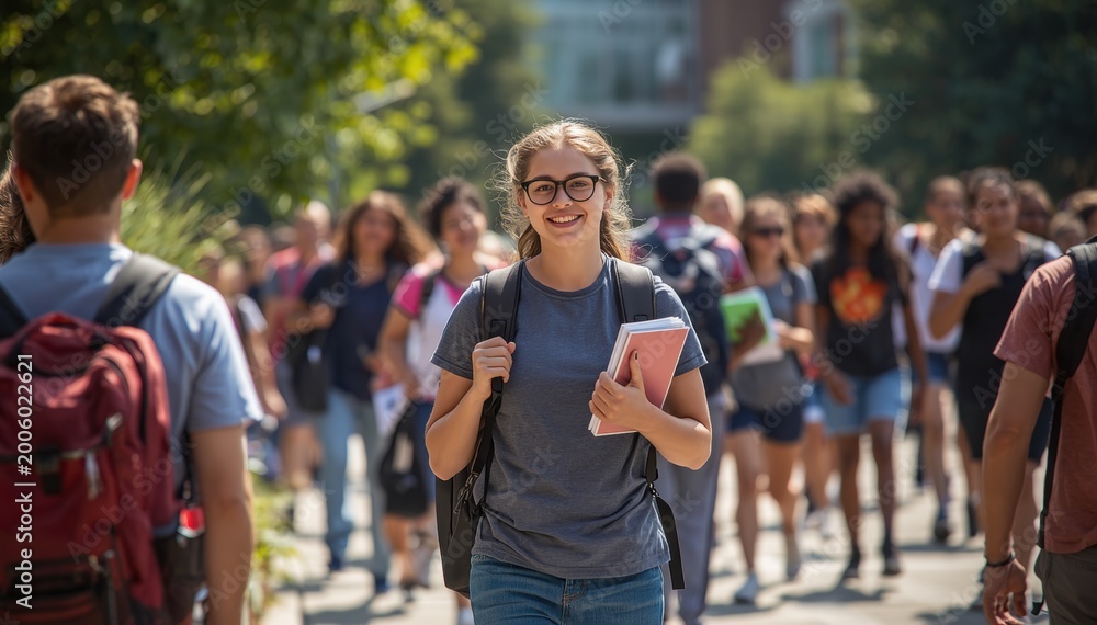 Fototapeta premium A smiling student walks on campus holding books, surrounded by other students in a bright outdoor university setting.