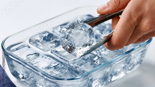 Hand holds ice cube with tongs over glass container.
