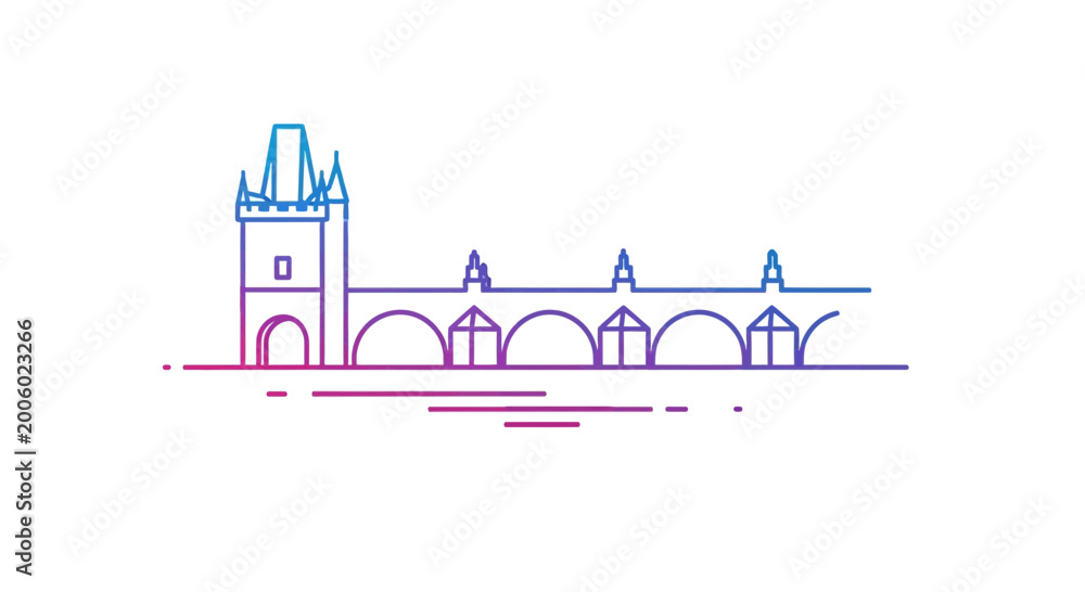 Fototapeta premium Prague Old Town Bridge Tower, Iconic Landmark, Minimalist Line Art, Gradient Colors