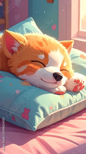 An adorable, cartoon-style puppy, orange and white, lies sleeping peacefully on a blue pillow, bathed in sunlight. Heart and bunny shapes are depicted