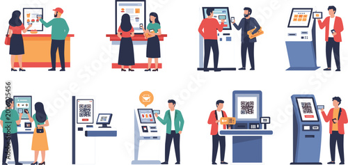 Fotografie People Using Self Service Kiosks Collection with Touchscreen Ordering, Ticket Ma