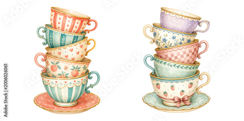 Фотография A charming watercolor collection of stacked pastel teacups featuring vintage flo