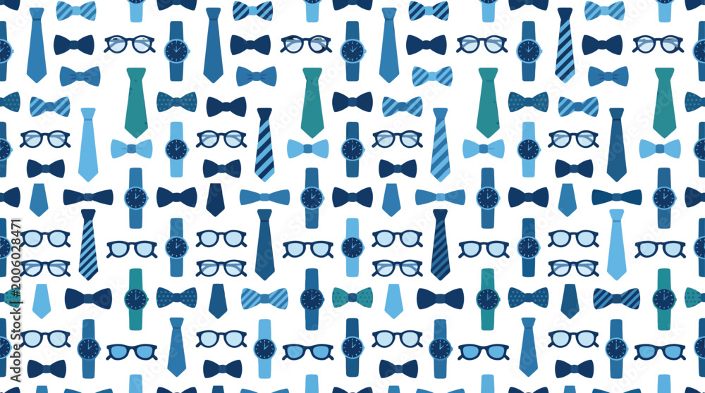 Obraz premium Repeating blue fashion accessory pattern featuring ties, bowties, sunglasses, and mustaches.