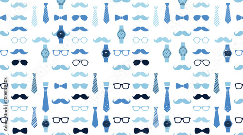 Quadro su tela Blue Pattern of Glasses, Ties, Mustaches and Accessories for Graphic Resources