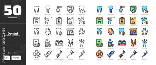 Принти на полотні Dental Icon Set Collection Colored Outline or Line Art Style