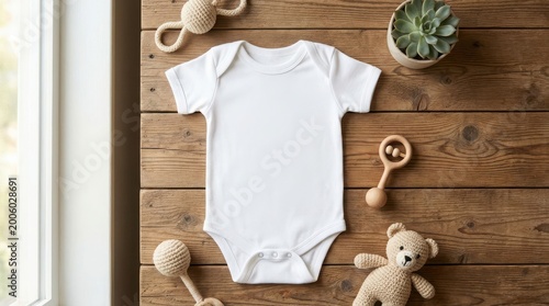 White baby onesie flat lay on a wooden background with accessories