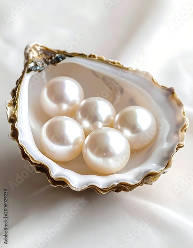 A golden oyster shell holds four large pearls on white fabric