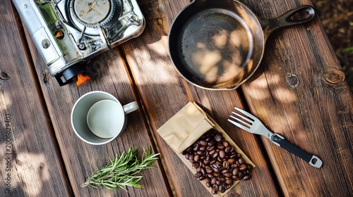 Cozy wooden table with camping gear and coffee beans.