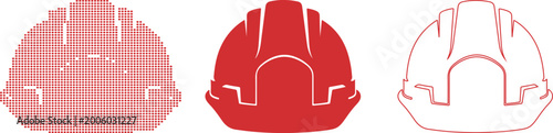 Three Red Silhouettes of a Hard Hat on White Background helmet safety