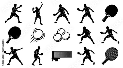 Table Tennis Sport Silhouettes Collection. Ping Pong Players, Rackets, Balls, and Net Glyphs.