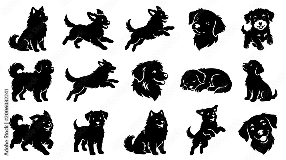 Naklejka premium Pets Animals: Diverse Dog and Puppy Silhouette Collection for Canine Graphics and Designs