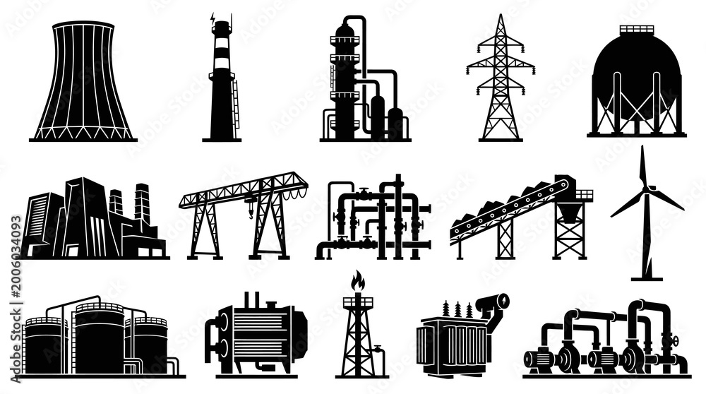 Obraz premium Black White Industry Icons: Power Plant, Crane, Wind Turbine, Pipes, Storage Tanks