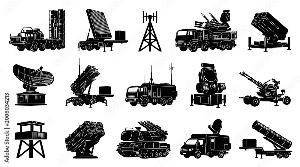 Obraz premium Military Defense Systems Black and White Line Art Vector Icons