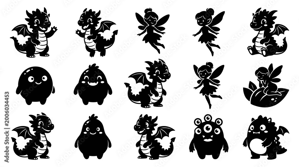 Obraz premium Cute Black and White Silhouettes of Dragons, Fairies, Monsters for Kids