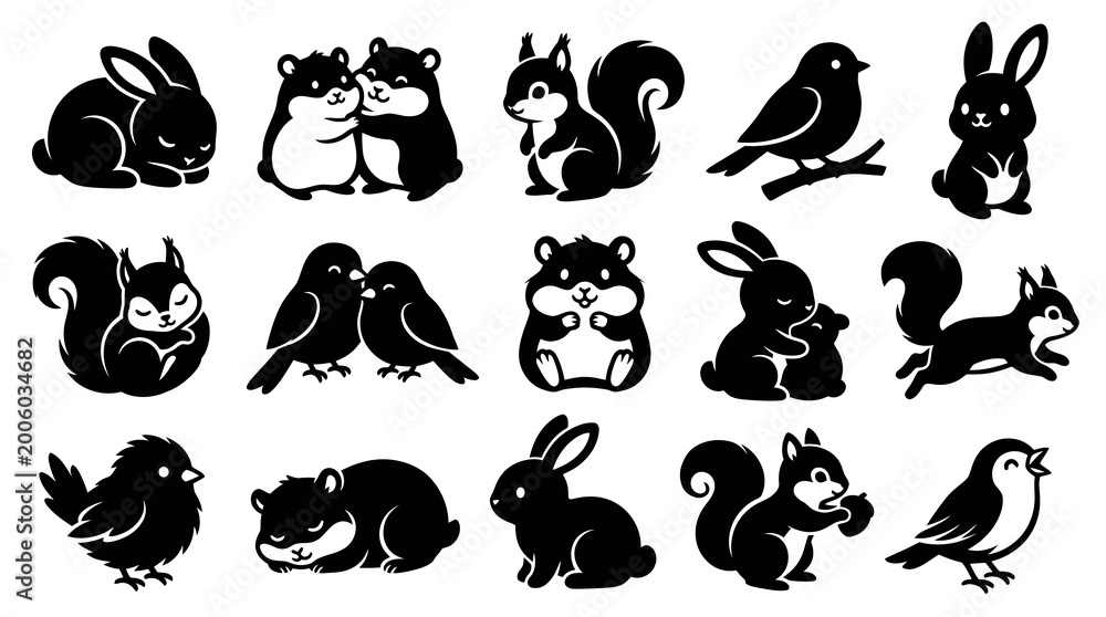 Obraz premium Cute Black White Animal Silhouettes Vector Art - Rabbits, Hamsters, Squirrels, Birds