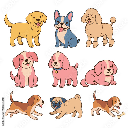 Cute dogs doodle vector set Cartoon dog