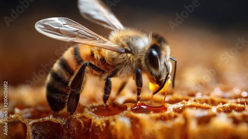 Close up of bee eating honey on honeycomb during daytime in natural environment gathering nectar for hive