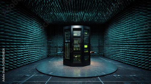 Futuristic server room with hexagonal walls and central data rack