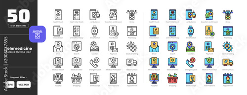 Telemedicine Icon Set Collection Colored Outline or Line Art Style. Including Ambulance, Appointment, Delivery, Truck, Drone, Email, Emergency, Call, Health, Check, Heart, Rate, Hospital, Location.