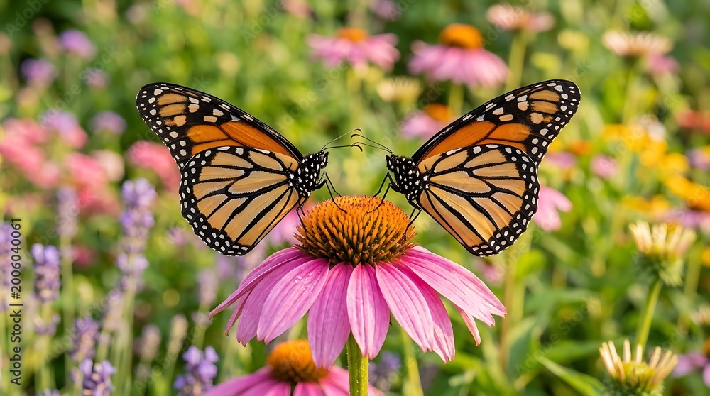 Fototapeta premium Monarch Butterfly on Pink Coneflower in Vibrant Flower Garden