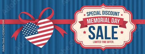 Memorial day sale promotional banner with elegant vintage label and American flag heart shaped tag tied with red ribbon on deep blue vertical striped background design layout.