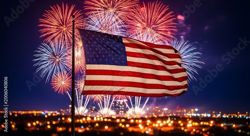 Patriotic celebration american flag waving amidst a vibrant fireworks display