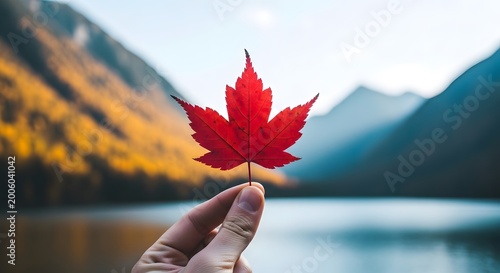 Vibrant red maple leaf held against a scenic mountain and lake backdrop