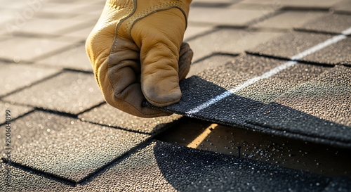 Roofer's Hand Installing Asphalt Shingles
