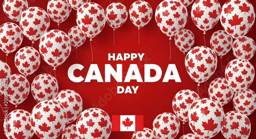 Happy canada day celebration with maple leaf balloons