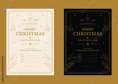 Elegant Merry Christmas Invitation Card Template Set, Luxury Gold Holiday Party Invite with Floral and Ornament Design