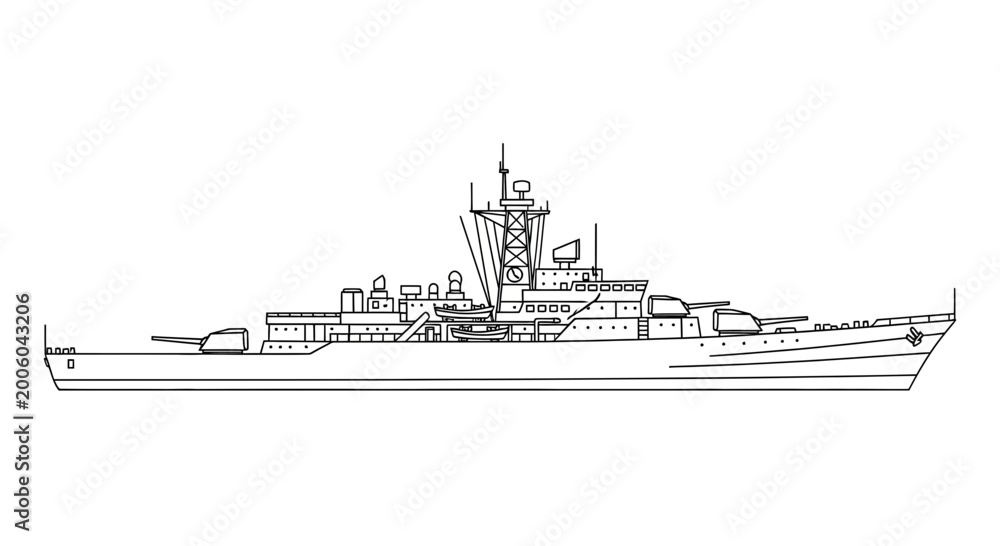 Fototapeta premium Modern Warship Blueprint Outline - Military Naval Vessel Illustration