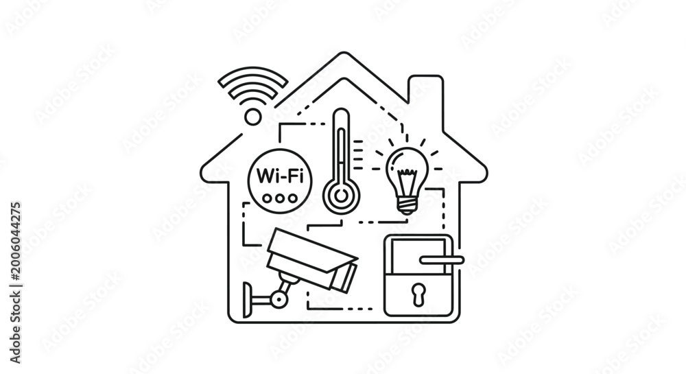 Fototapeta premium Smart home technology concept presented as a clean black and white vector illustration showing connected household devices like wifi security cameras lighting thermostats and electronic locks integrat