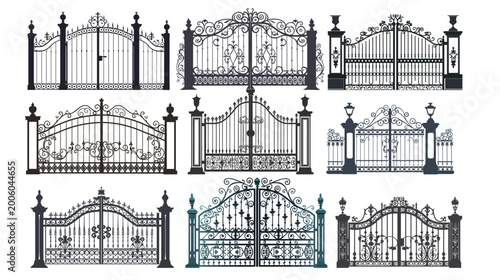 Wrought iron gate vector illustration in detailed minimal style, elegant architectural entrance concept featuring decorative metalwork, classic vintage design and ornamental security structure