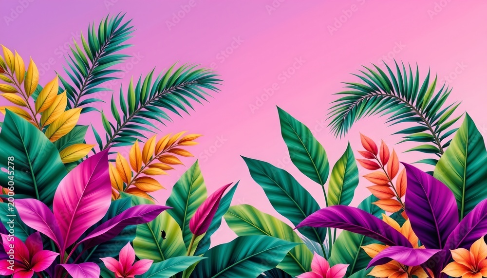 Fototapeta premium Vibrant Tropical Foliage Against Sunset Gradient