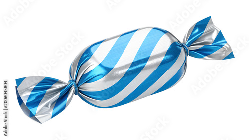 Blue and White Striped Hard Candy in Shiny Foil Wrapper Isolated on White