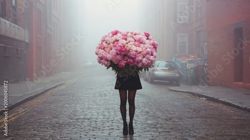 Woman holding huge bouquet of pink flowers on cobblestone street