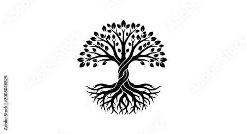 Tableau sur toile Stylized Tree of Life Silhouette with Roots and Branches on White Background