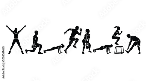 Set of silhouettes of people performing various fitness exercises, including jumping jacks, lunges, pushups, running, kettlebell swings, plank, box jumps, and stretching