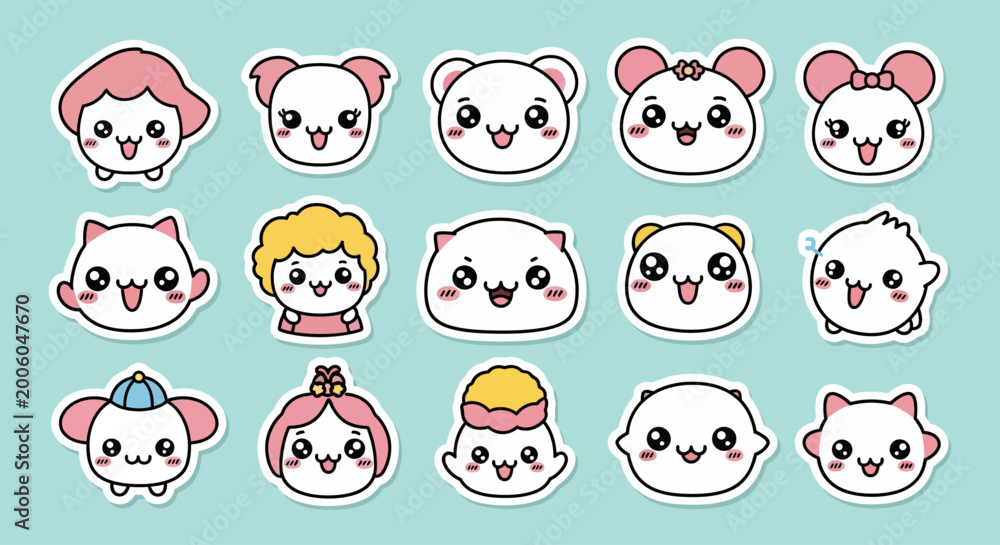 Fototapeta premium Cute cartoon animal faces with expressions.