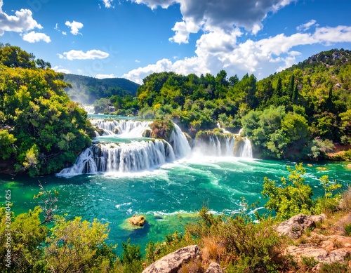 A serene waterfall cascades into a vibrant turquoise lake surrounded by lush greenery